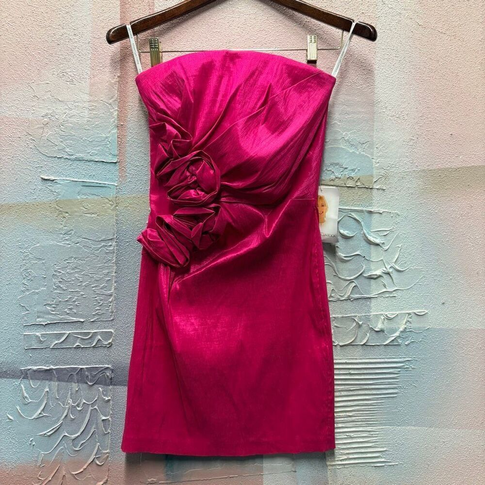 Jessica McClintock 5 Magenta Strapless Ruched Mini Dress Floral Classy Cocktail